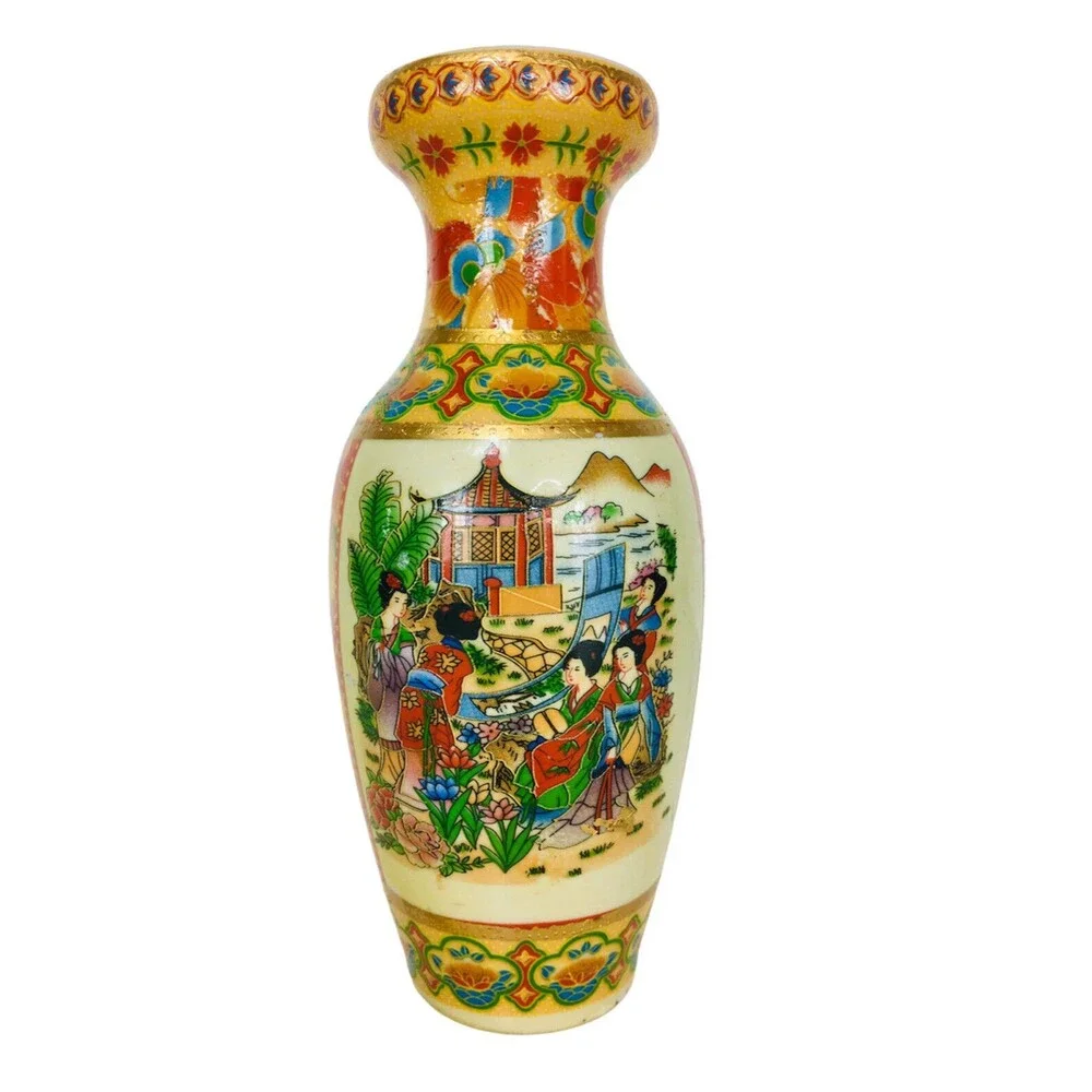Early 1900s Japanese Geisha Satsuma Hand Painted Porcelain Gold Guild Vase 8